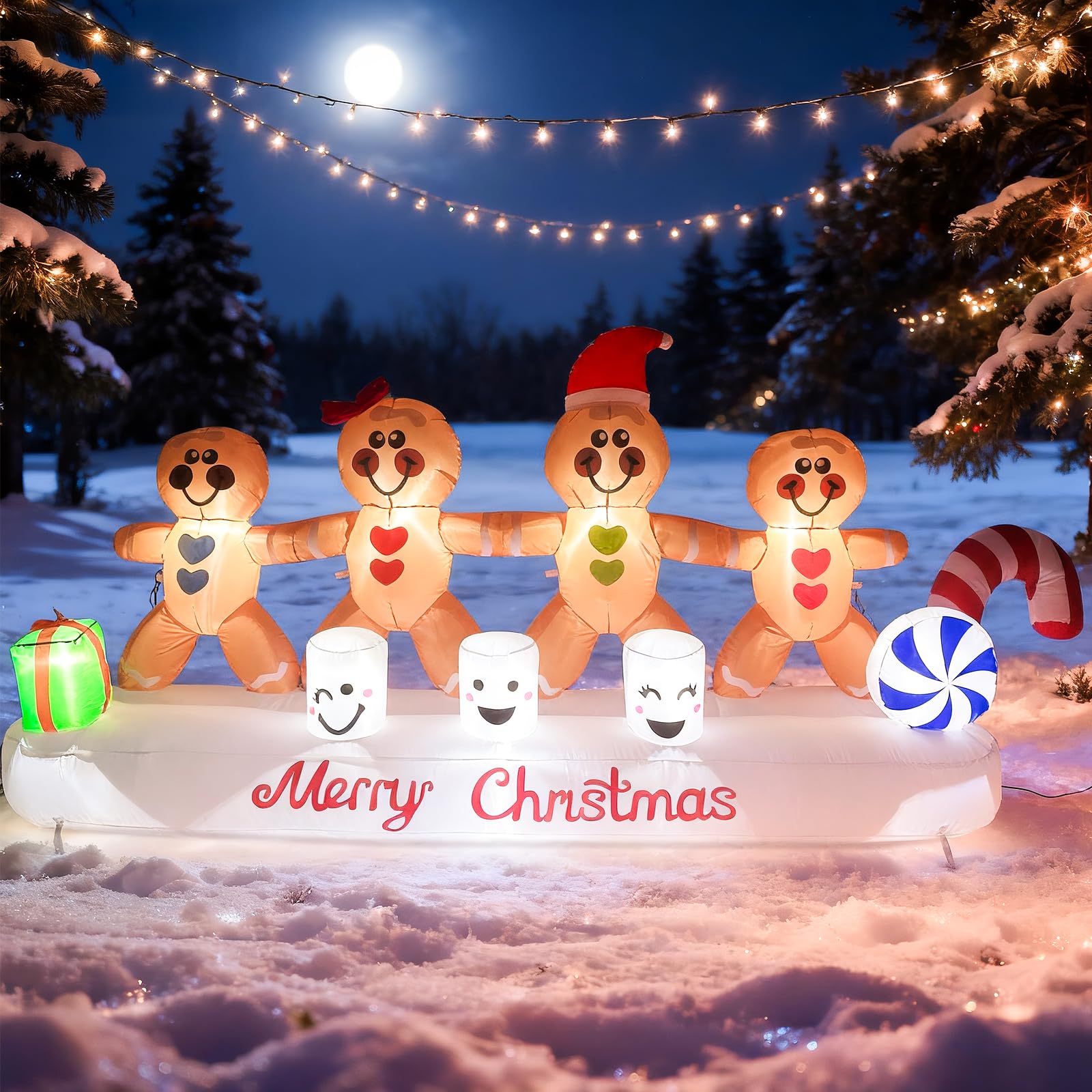PopInflate front view of 10 ft gingerbread set showing joyful holiday curb appeal