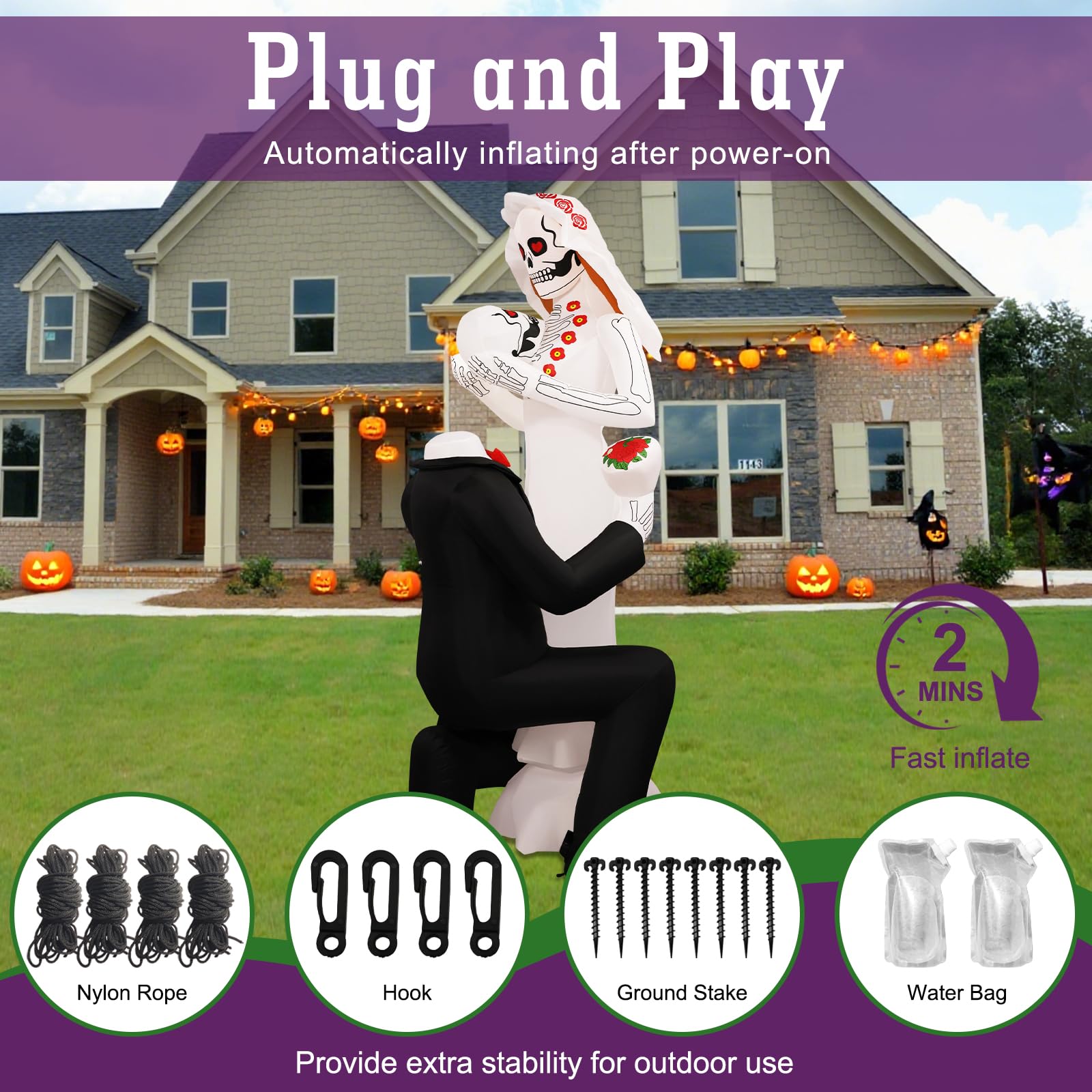 PopInflate skeleton couple displayed on lawn creating festive Halloween focal point