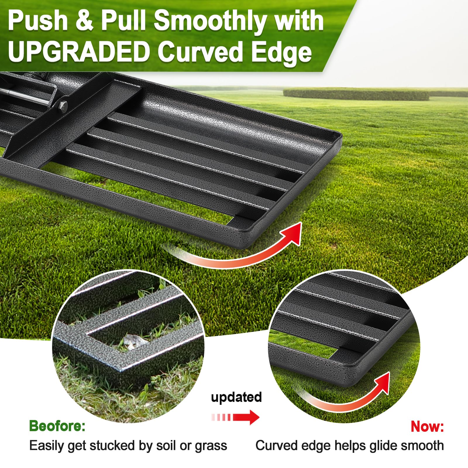 PoPoHoser rake in use flattening lawn for smoother turf and quicker results