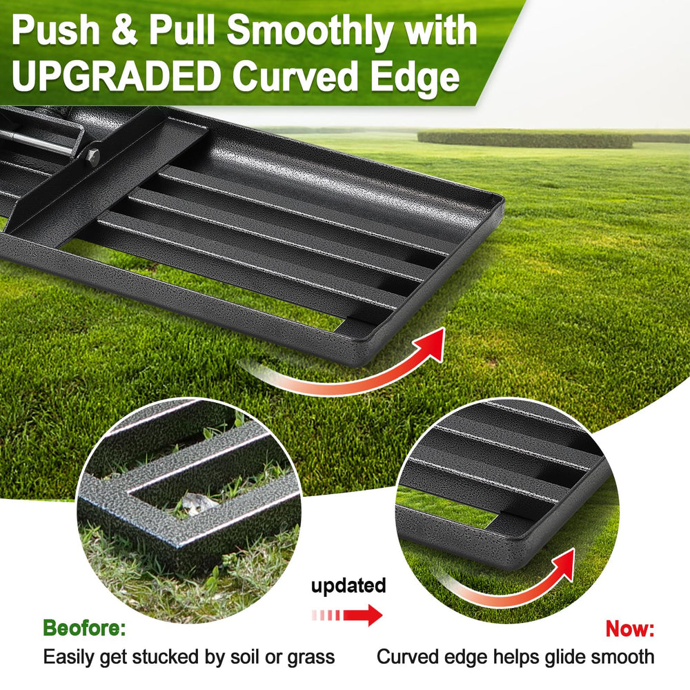PoPoHoser rake in use flattening lawn for smoother turf and quicker results