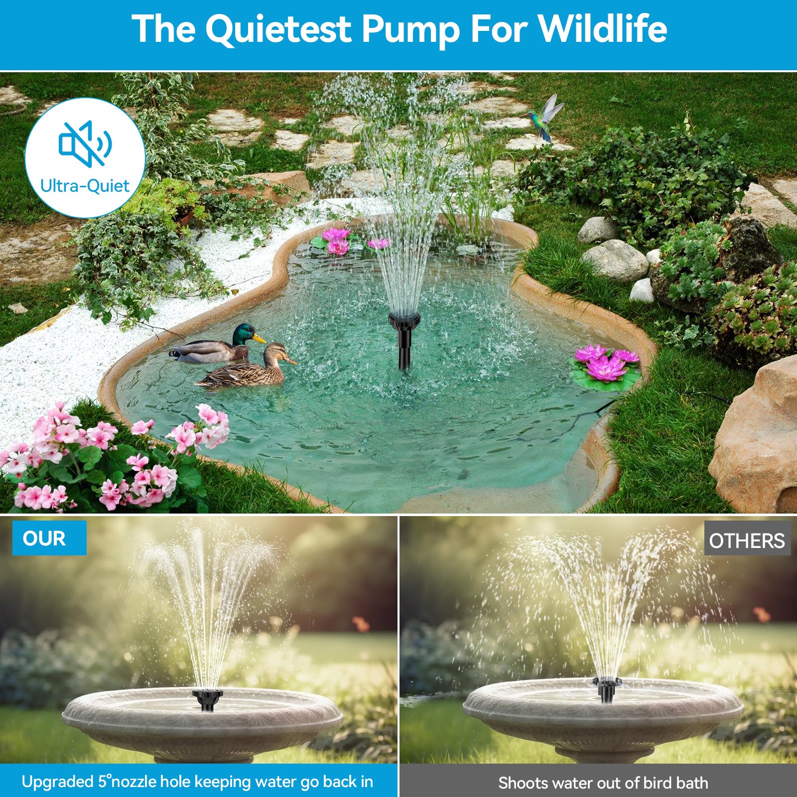POPOSOAP floating pump in bird bath attracting birds with gentle flow