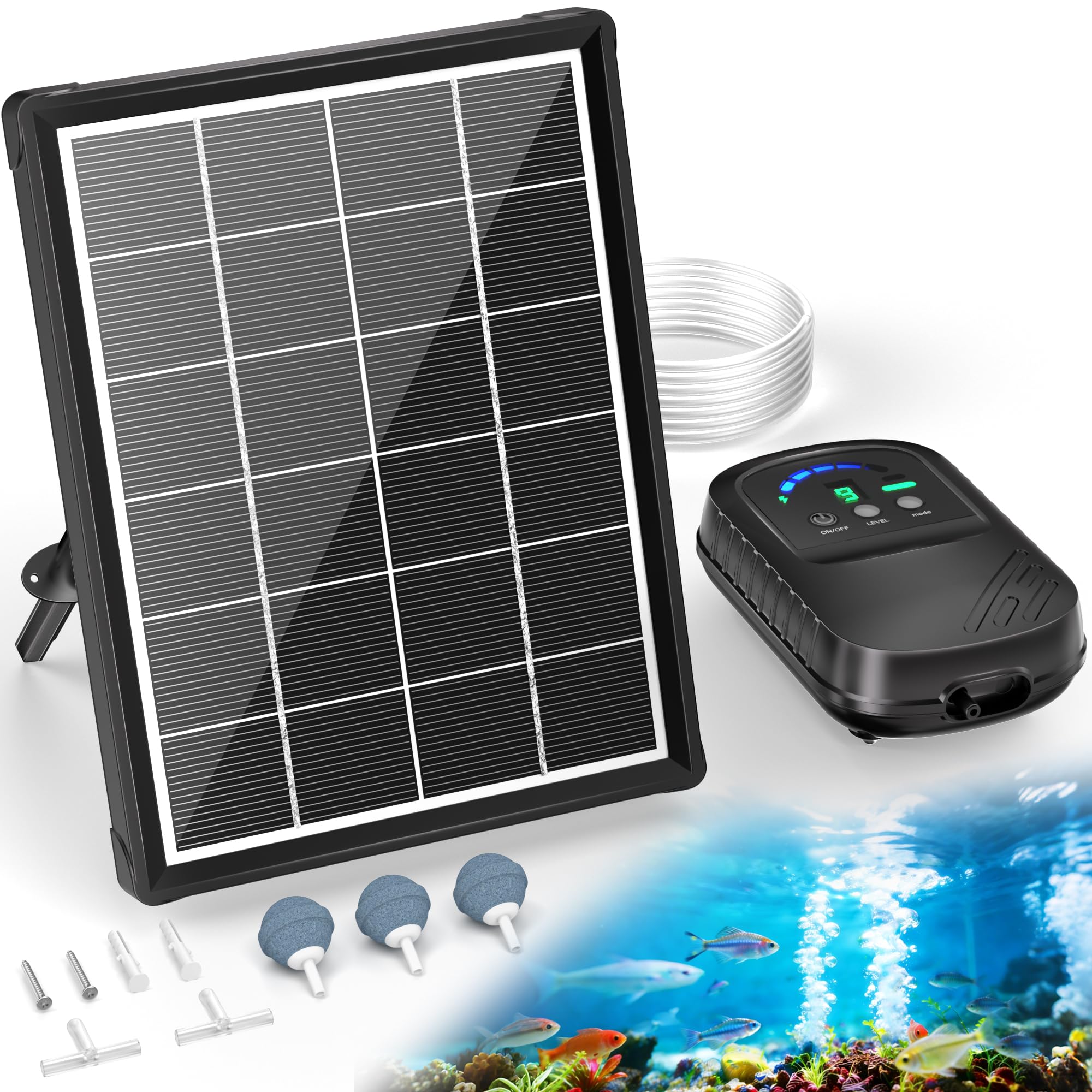 POPOSOAP front view showing complete solar aerator unit and benefits