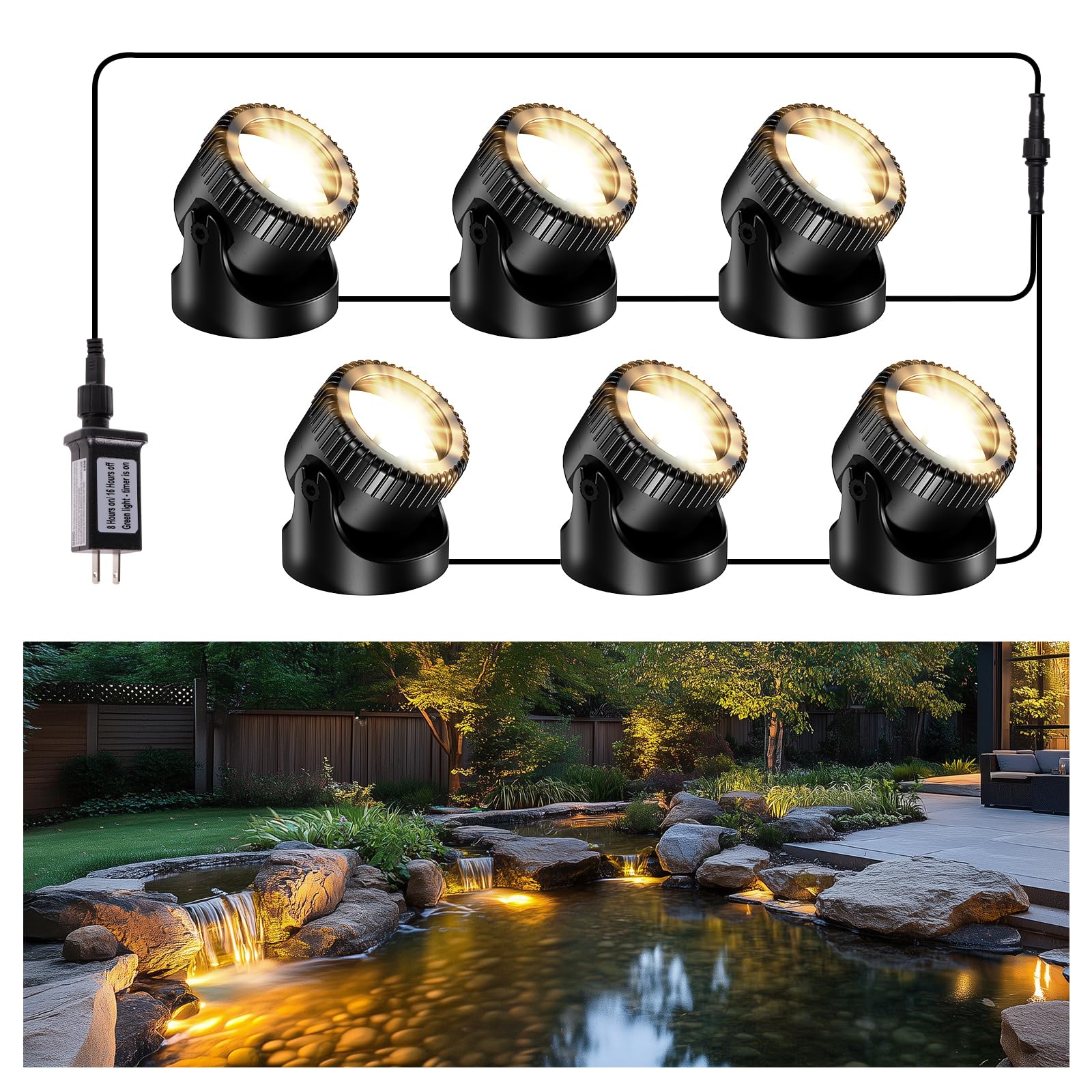 POPOSOAP front packaging showing six-head waterproof pond lights, clear product overview