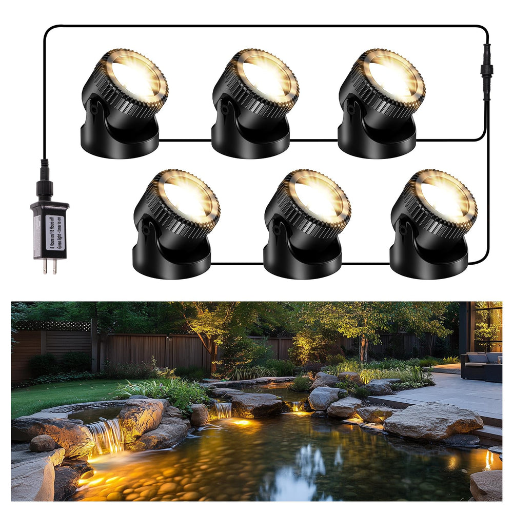 POPOSOAP front packaging showing six-head waterproof pond lights, clear product overview