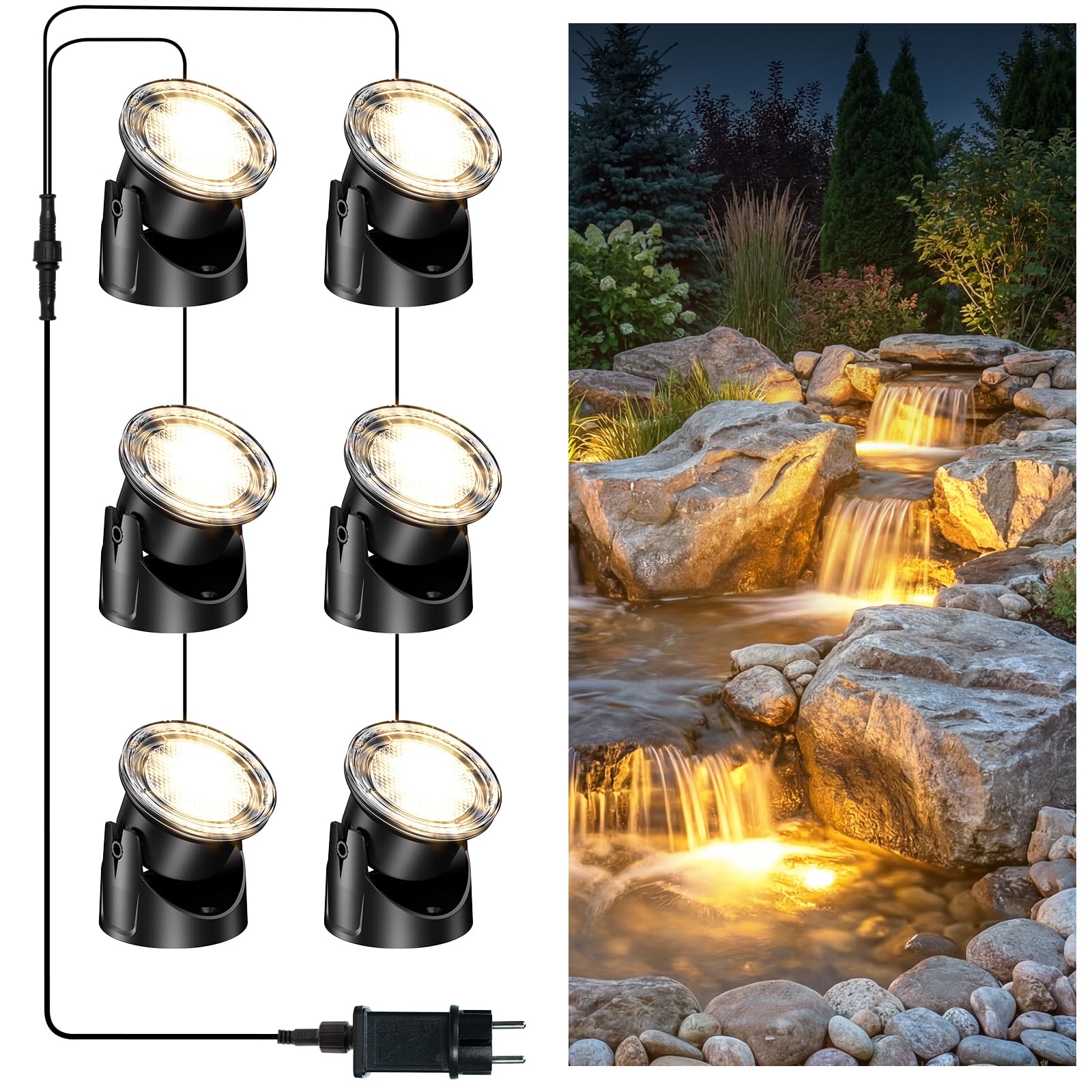 POPOSOAP front view of six-head set showing uniform pond illumination benefit