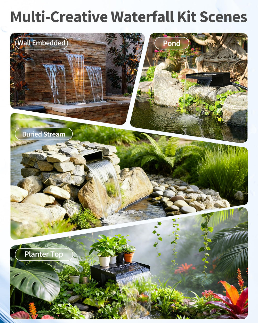 POPOSOAP installed on garden pond showing tranquil waterfall aesthetic benefit