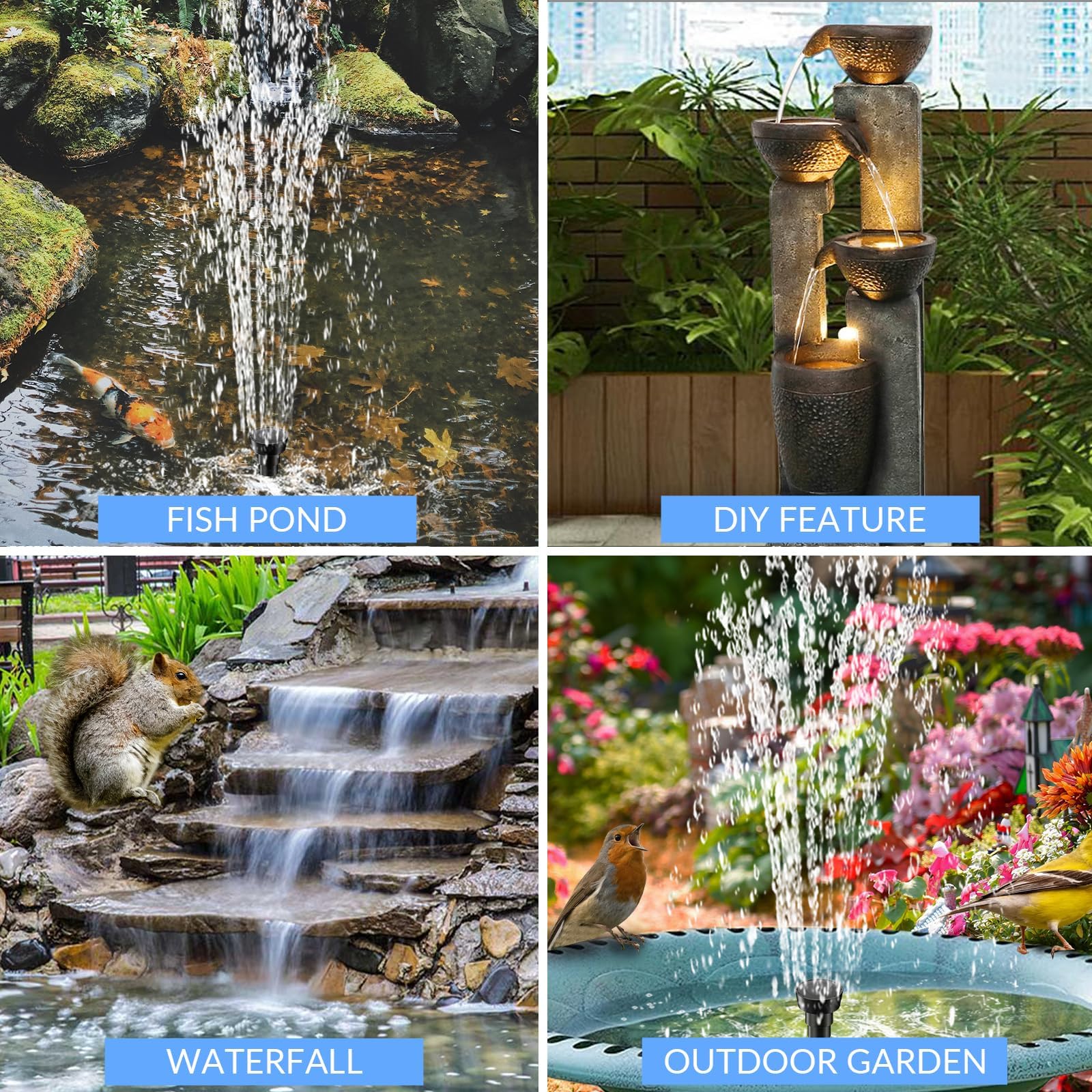 POPOSOAP pump installed in a garden pond creating a lively fountain and improved circulation