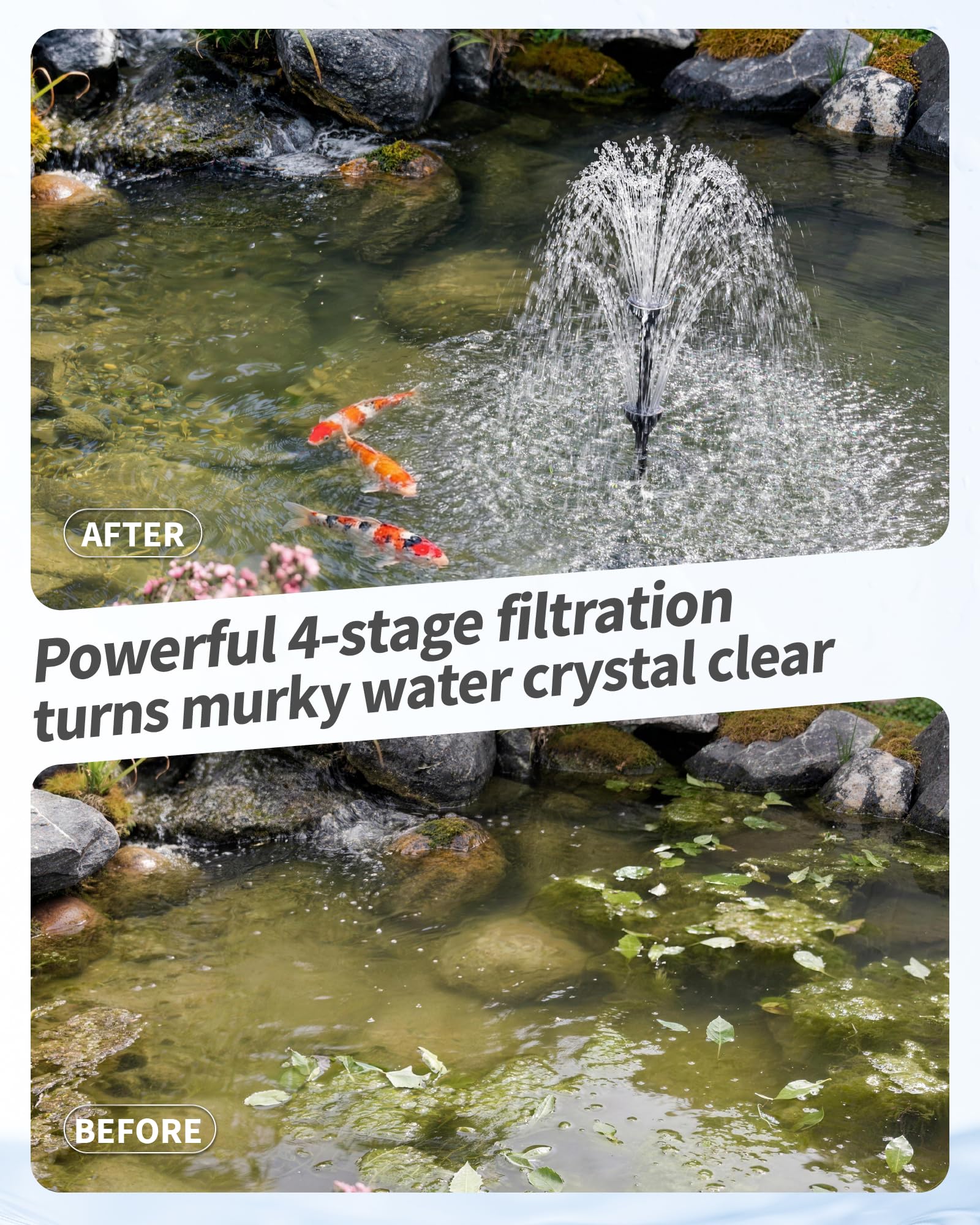 POPOSOAP installed fountain in a backyard pond demonstrating decorative effect