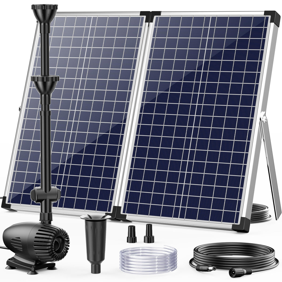 POPOSOAP solar panel and pump kit showing components and quick setup benefits