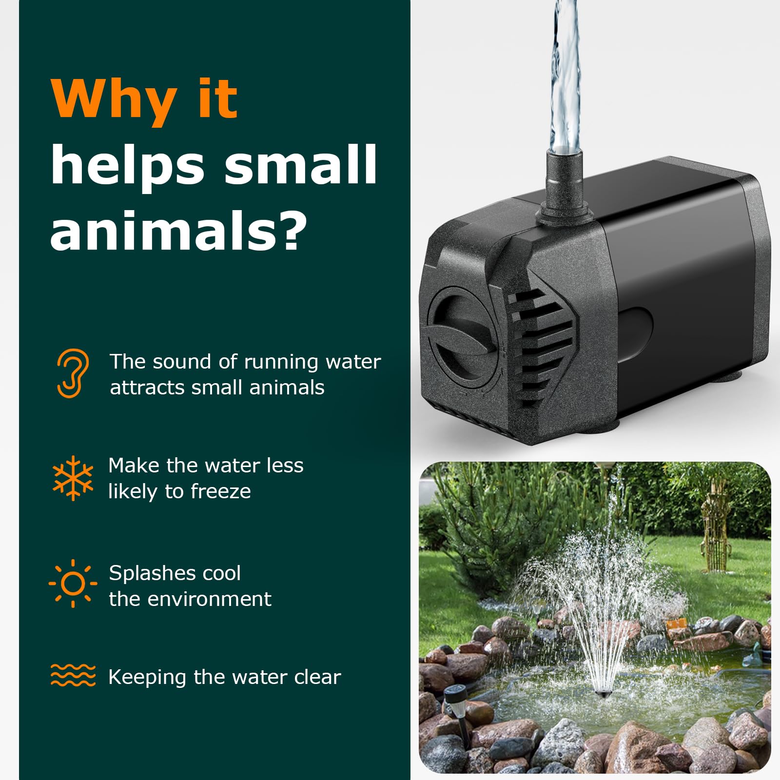 POPOSOAP submersible pump front view highlighting compact design and flow outlet benefit