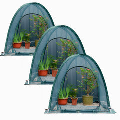 porayhut front view of three pop-up covers protecting raised beds