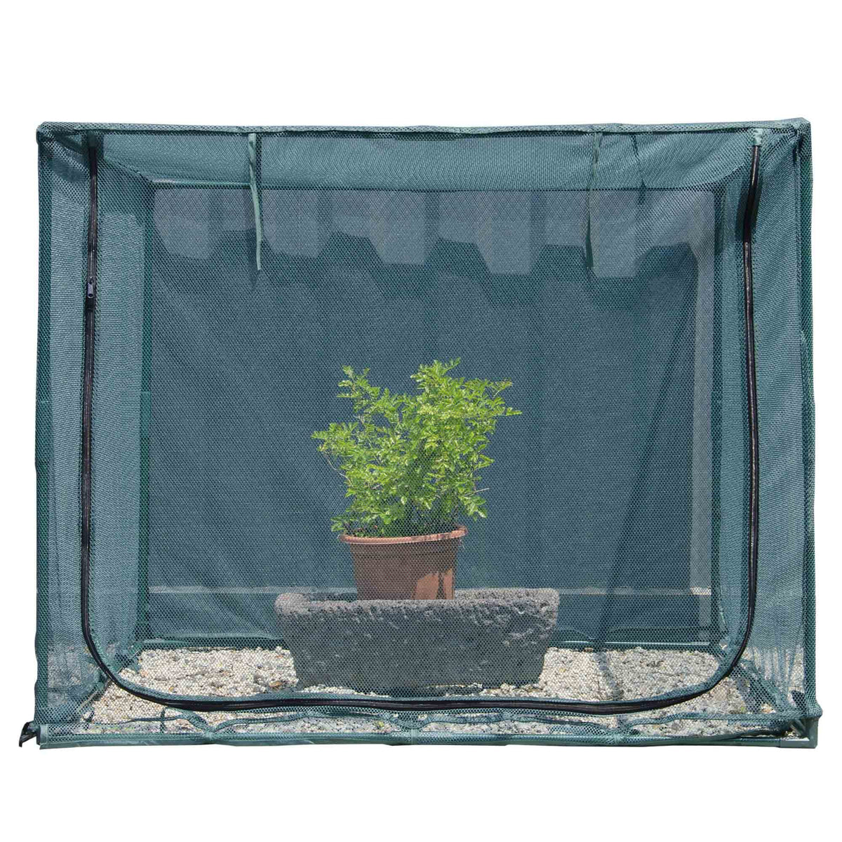 porayhut front view of square netting cover showing full crop protection