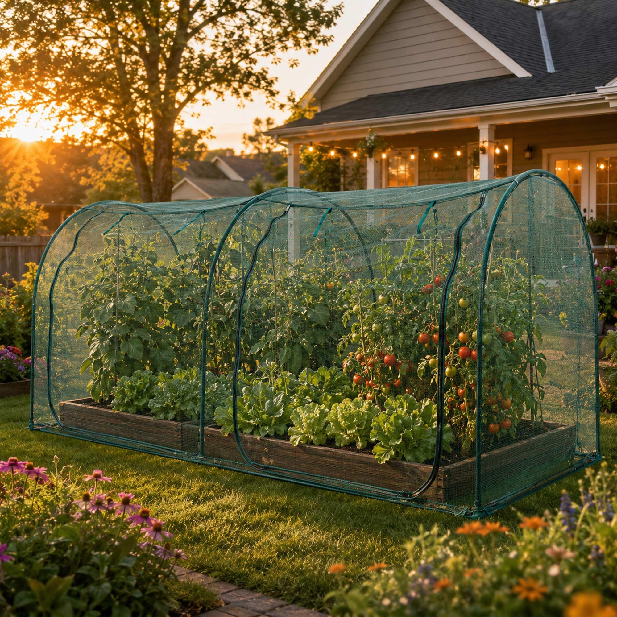 porayhut tunnel installed over vegetable bed keeping birds and pests away