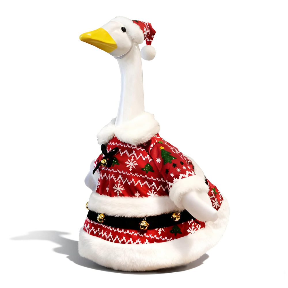 Generic porch goose front view wearing red Christmas outfit showing festive curb appeal