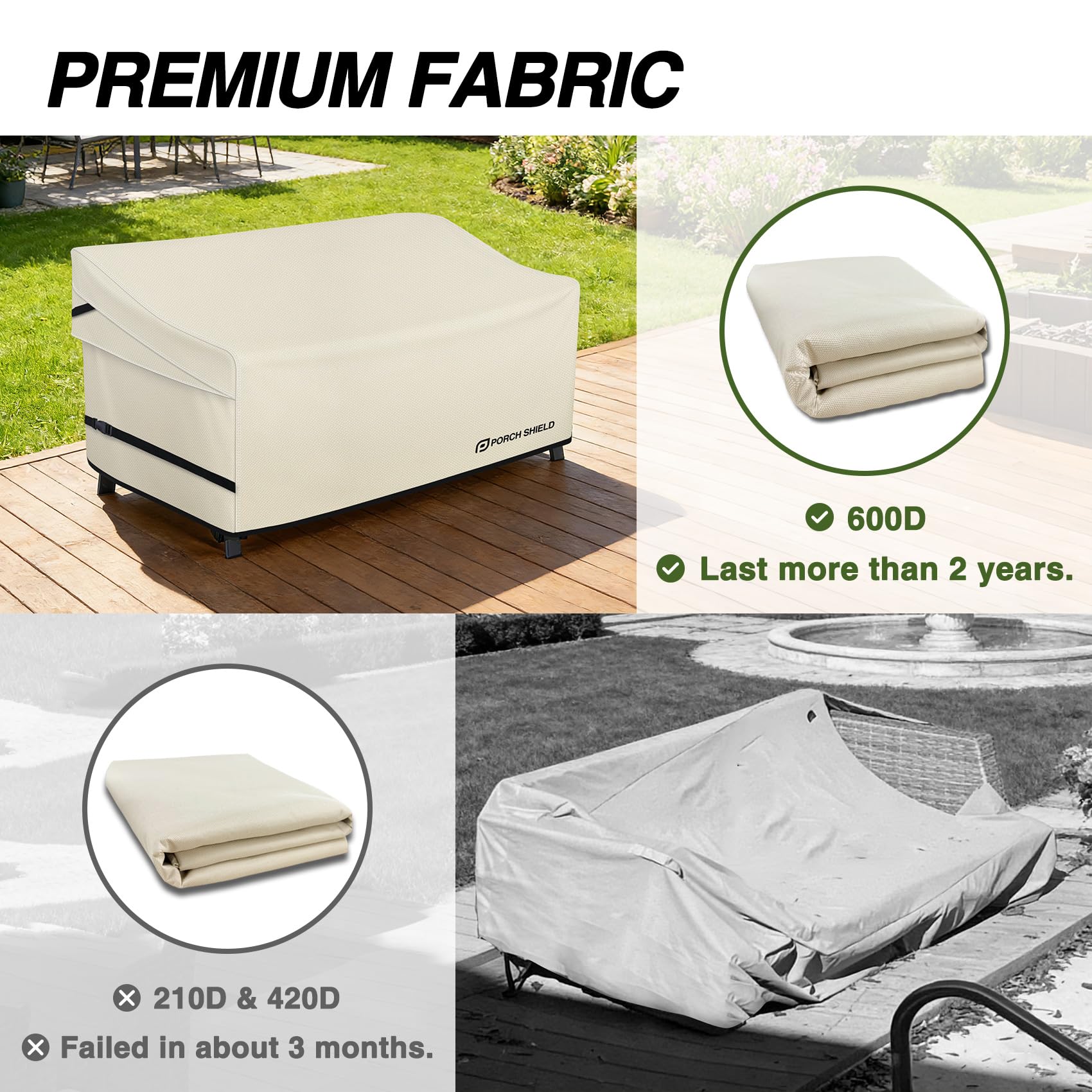 Porch Shield adjustable strap and buckle securing cover against wind and movement