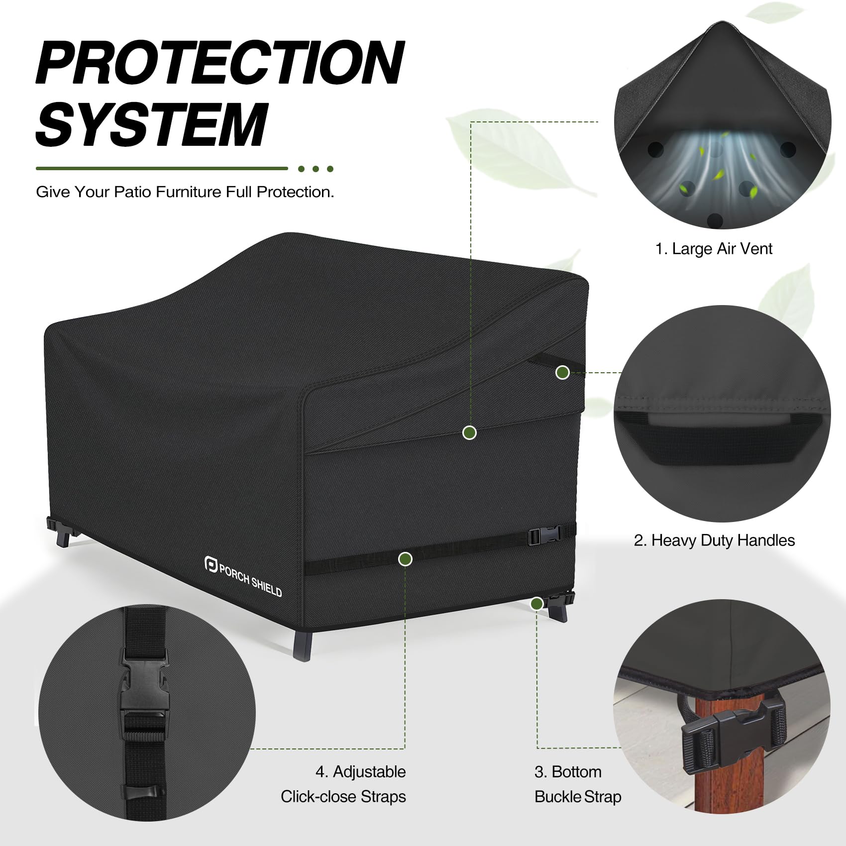 Porch Shield adjustable strap and buckle securing cover to furniture tightly