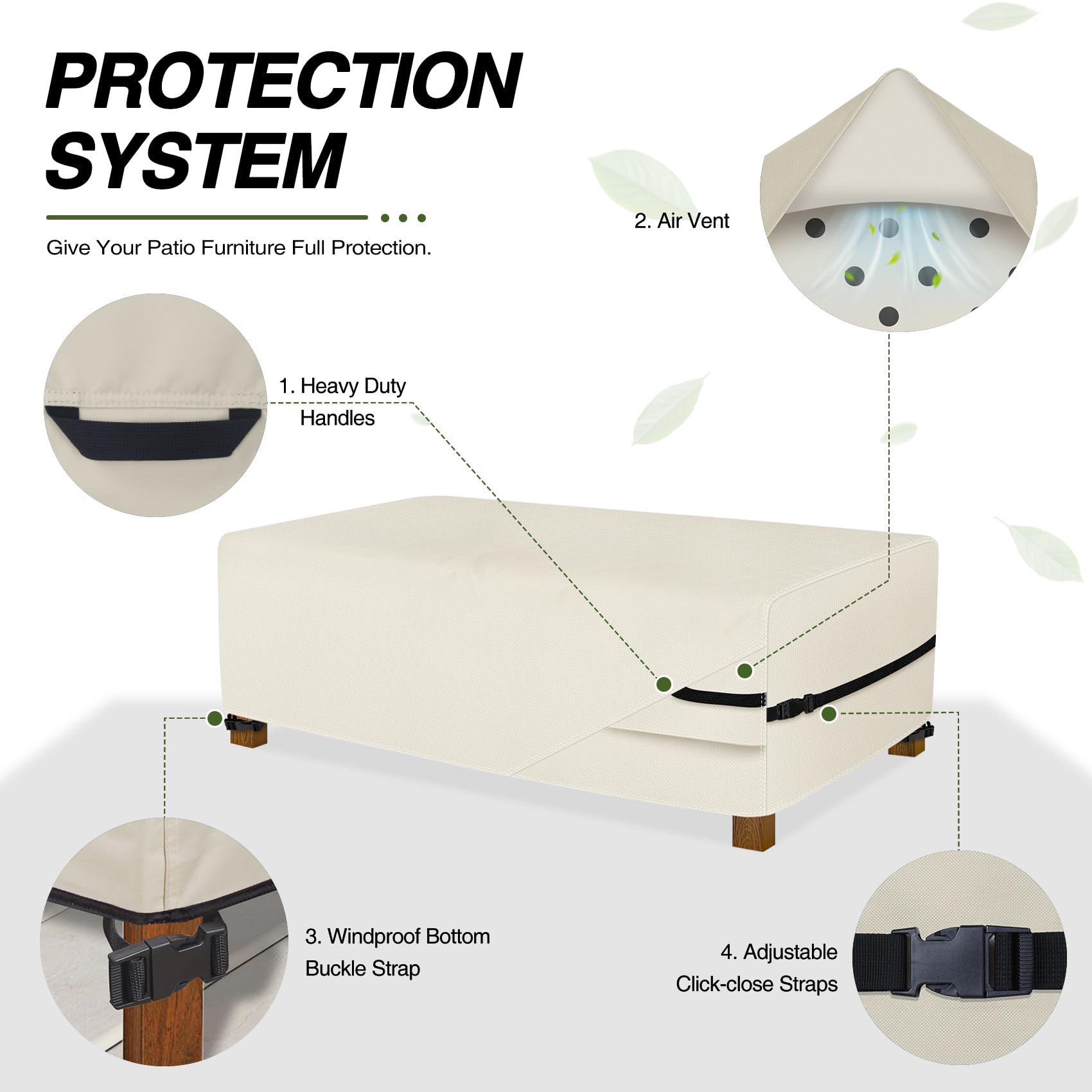Porch Shield buckle strap at base securing cover against wind and movement