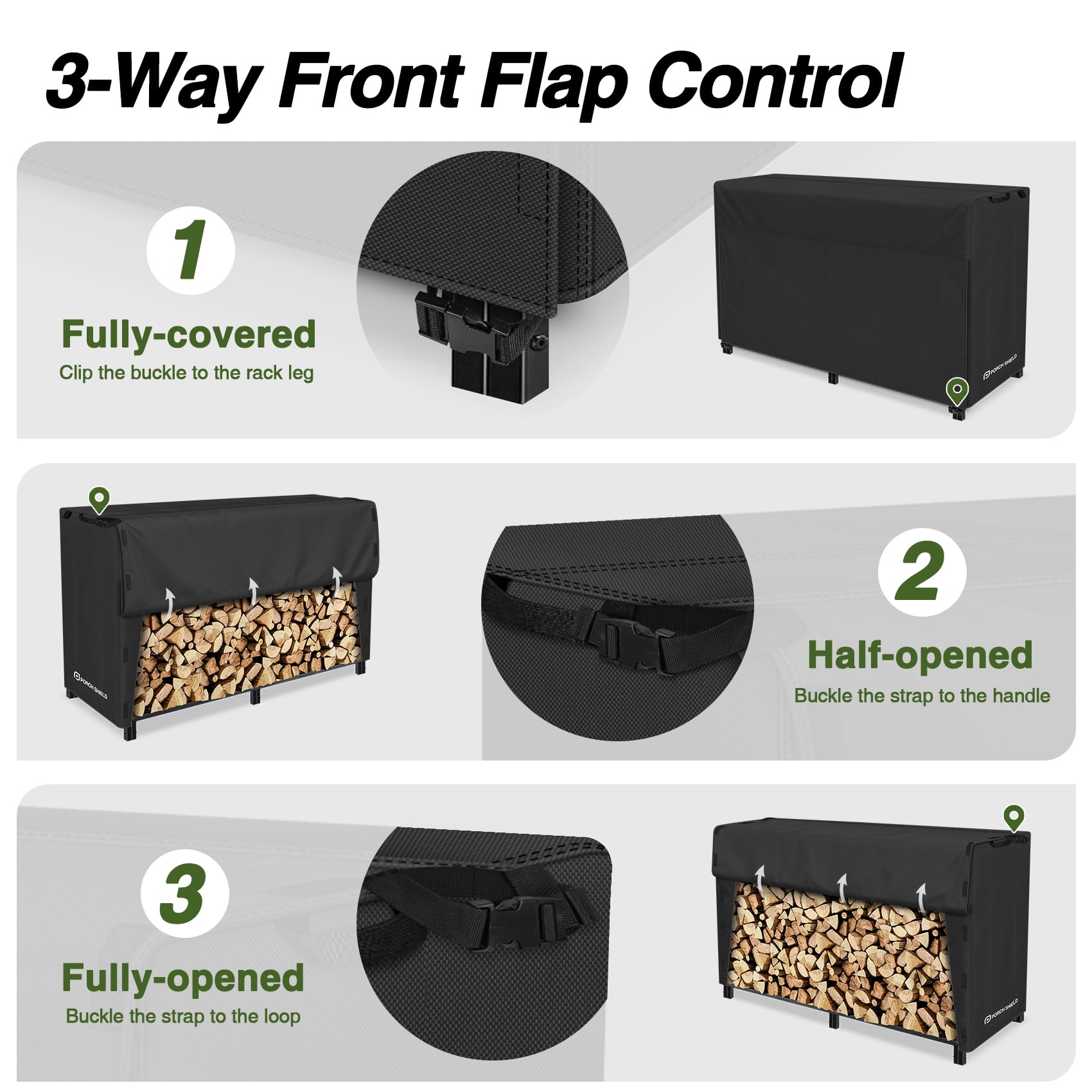 Porch Shield bottom velcro and buckle straps securing cover against wind