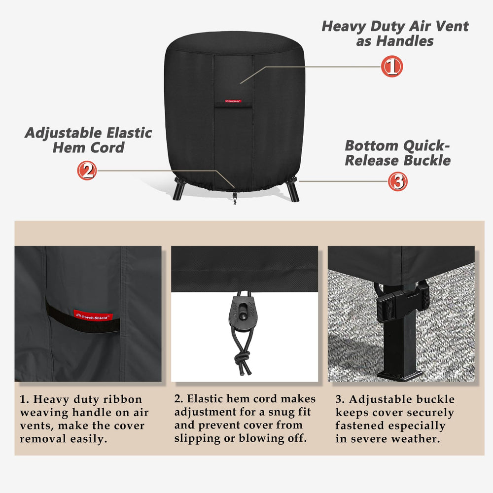 Porch Shield buckle straps and elastic hem cord, secures cover in wind