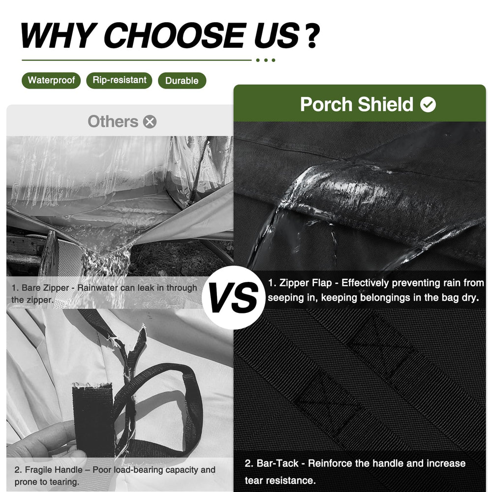 Porch Shield heavy-duty woven handles and padded strap for comfortable carrying benefit