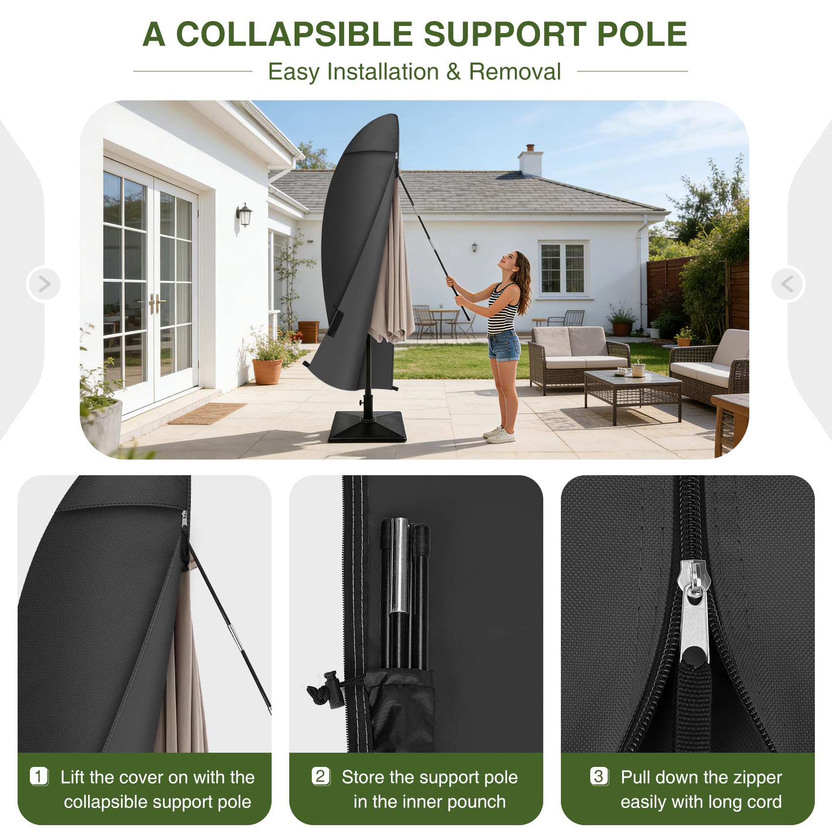 Porch Shield collapsible fiberglass pole being used to lift cover for easy fitting