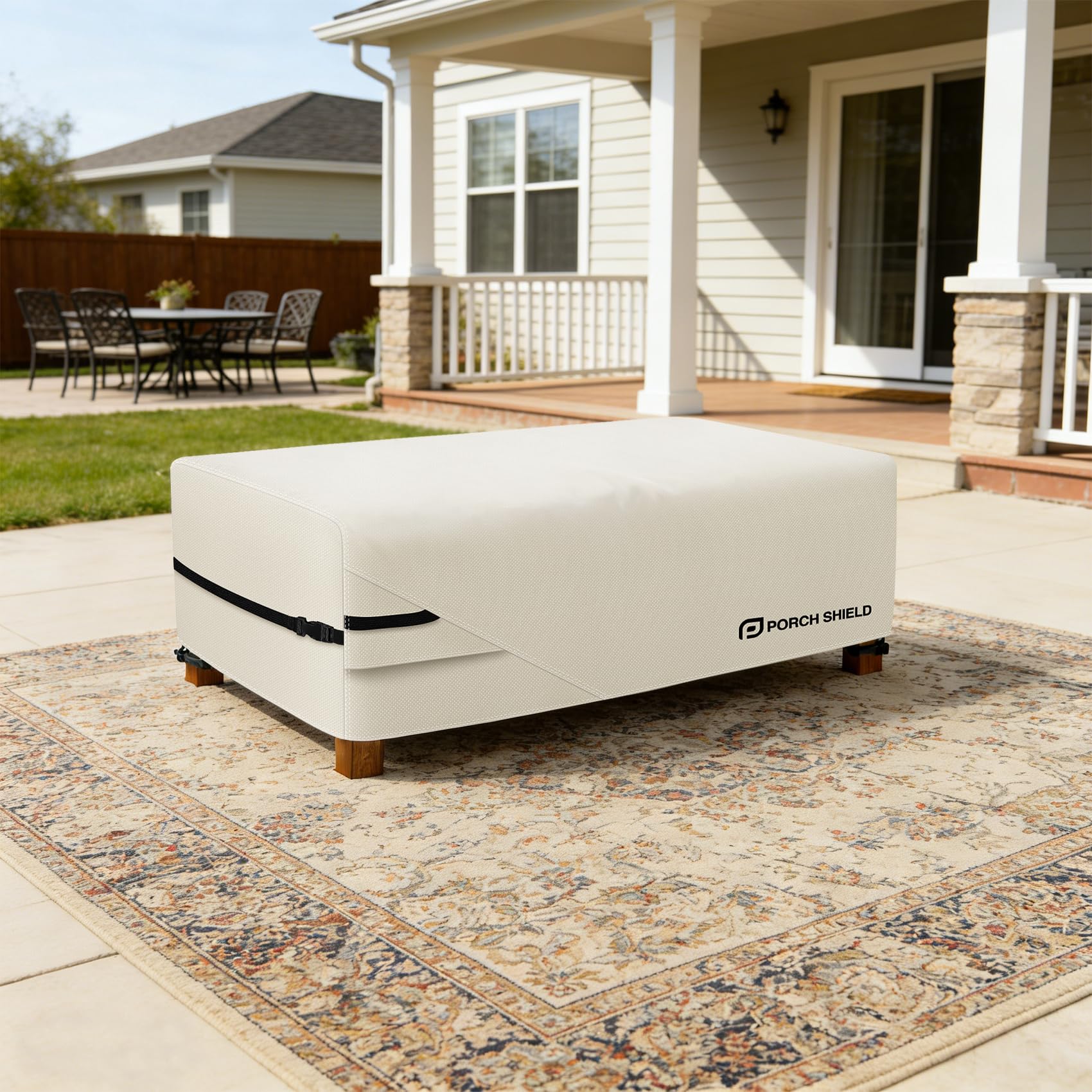 Porch Shield covered patio coffee table in outdoor lifestyle setting protecting furniture