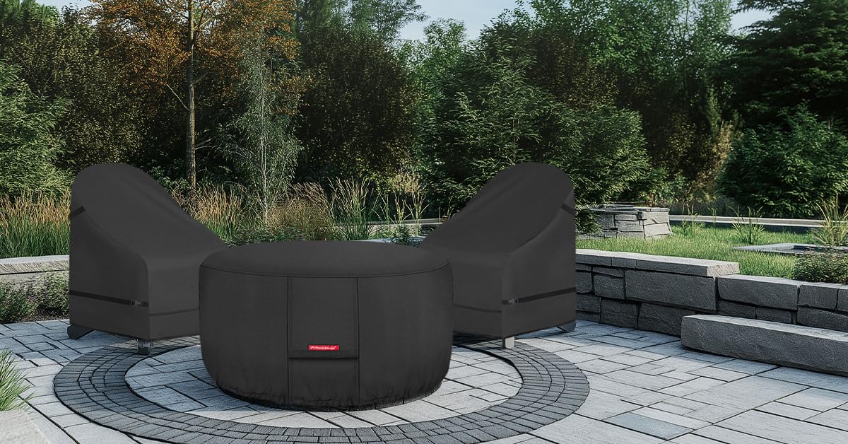 Porch Shield cover on fire pit in backyard demonstrating protection