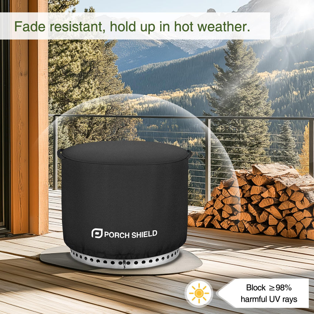 Porch Shield-covered Solo Stove Yukon on patio demonstrating protection