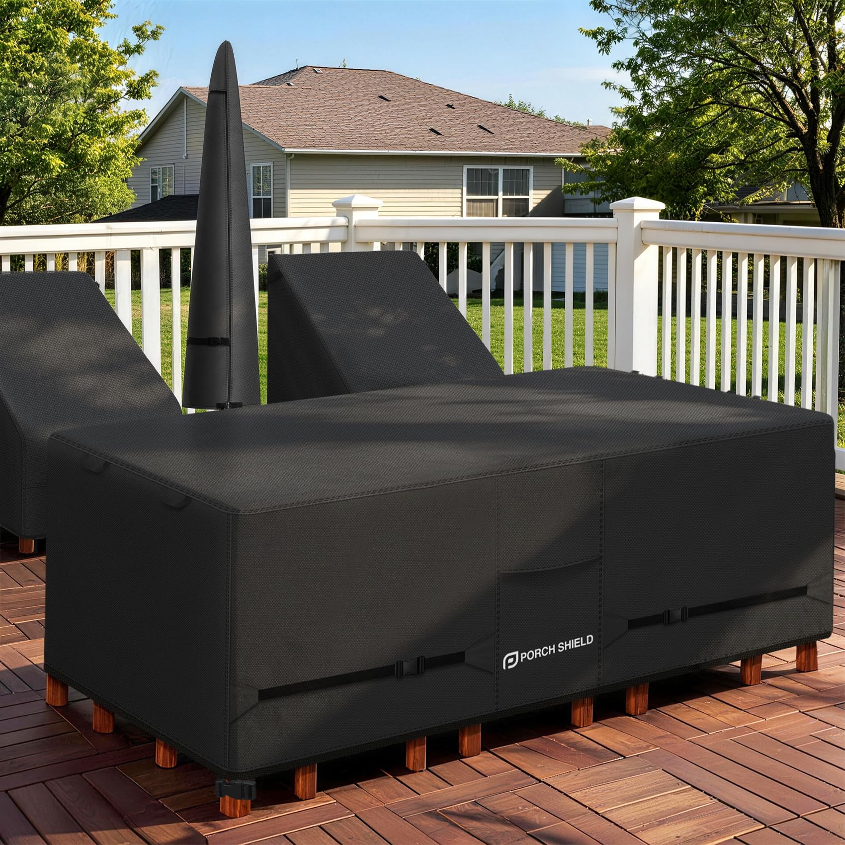 Porch Shield covered patio table with chairs in lifestyle setting keeps furniture clean