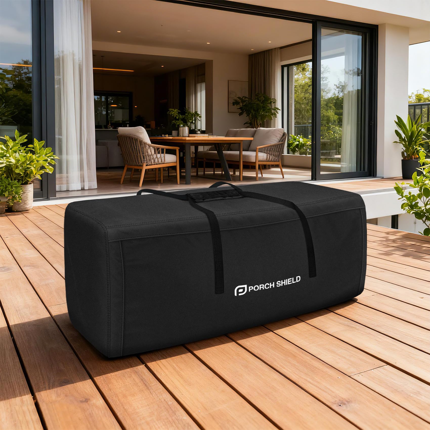 Porch Shield bag filled with stacked cushions demonstrating ample storage capacity benefit