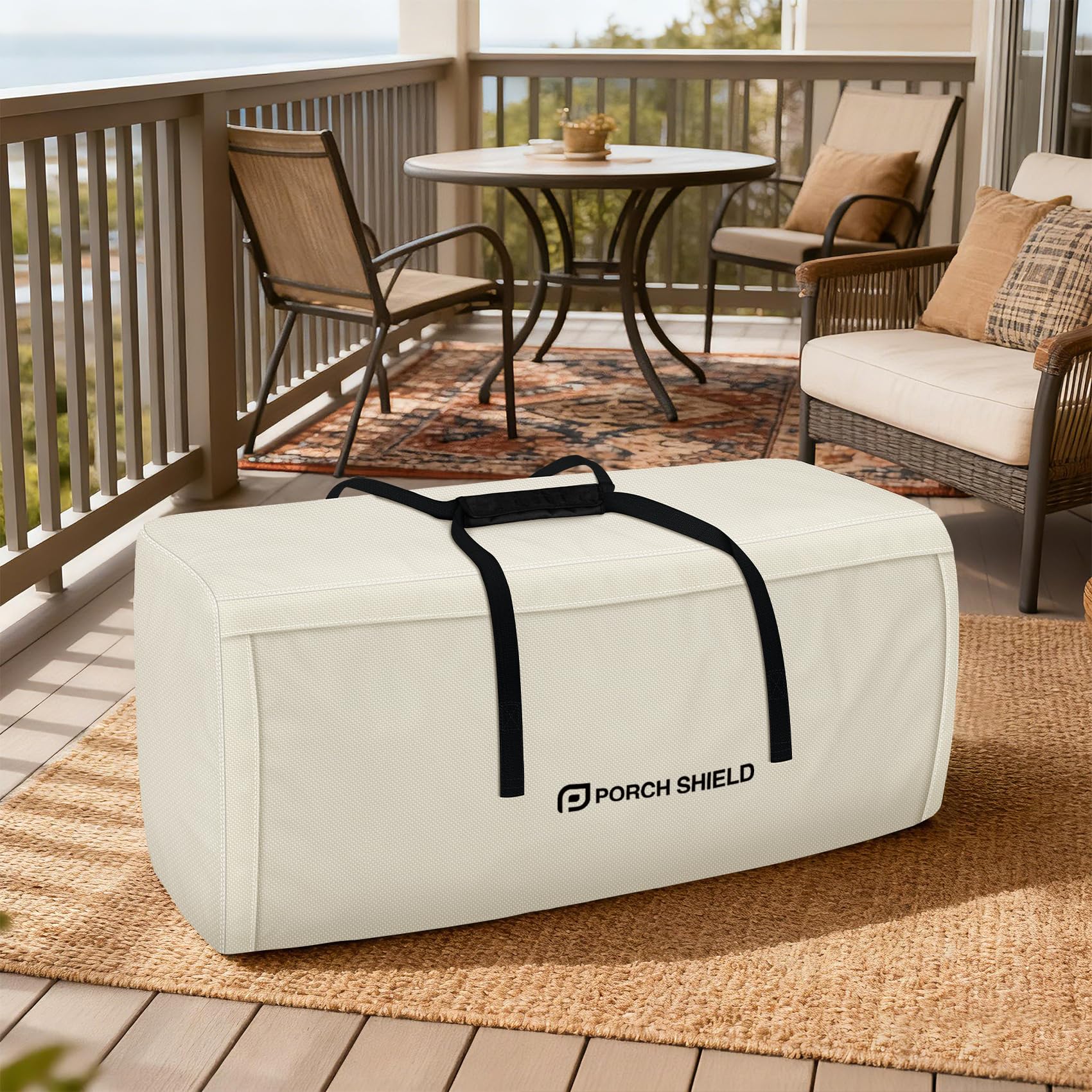 Porch Shield storage bag filled with cushions for organized protection
