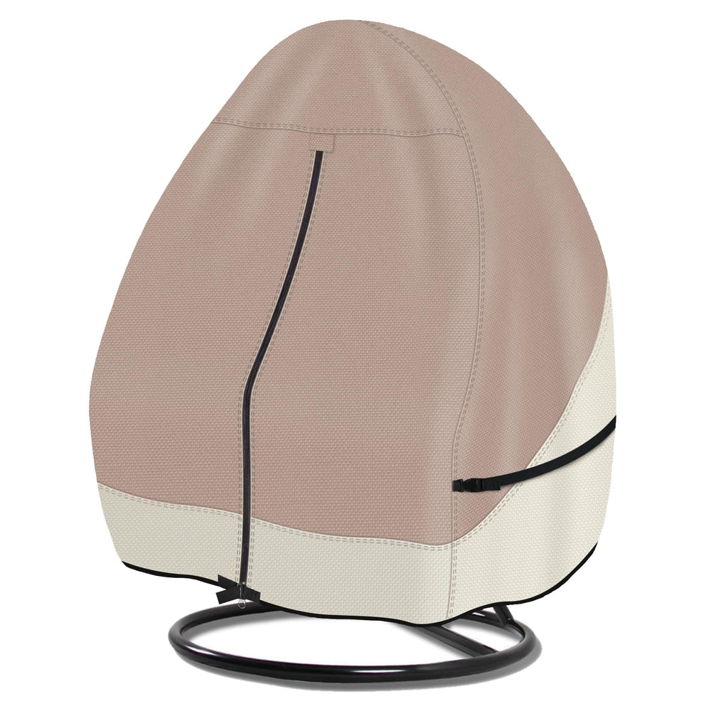 Porch Shield front view showing full cover protecting double-seat egg chair and benefits
