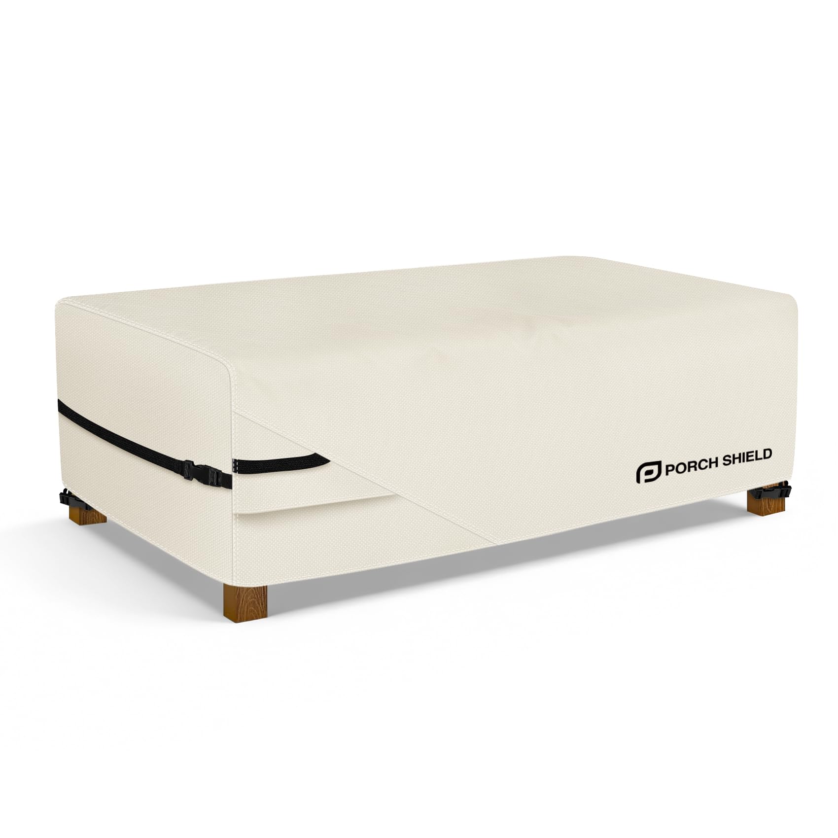 Porch Shield front view of beige coffee table cover showing full fit and protection