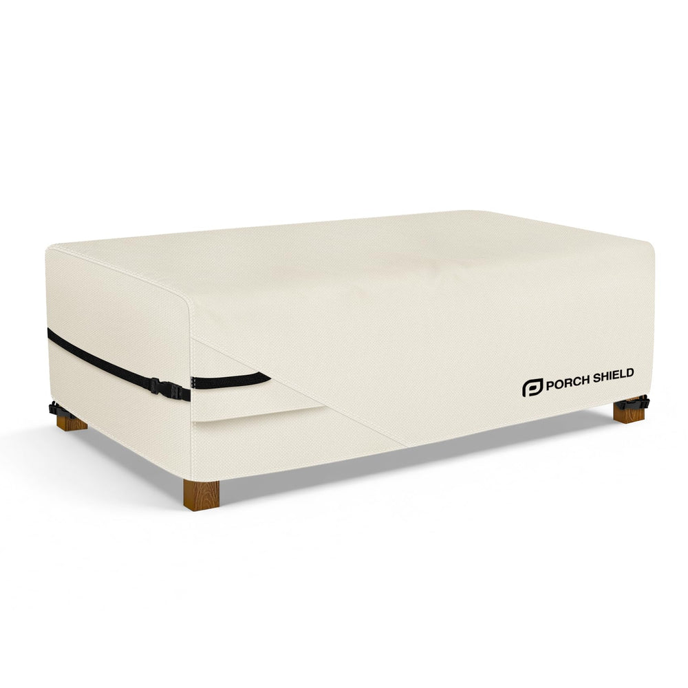 Porch Shield front view of beige coffee table cover showing full fit and protection