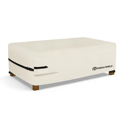 Porch Shield front view of beige coffee table cover showing full fit and protection