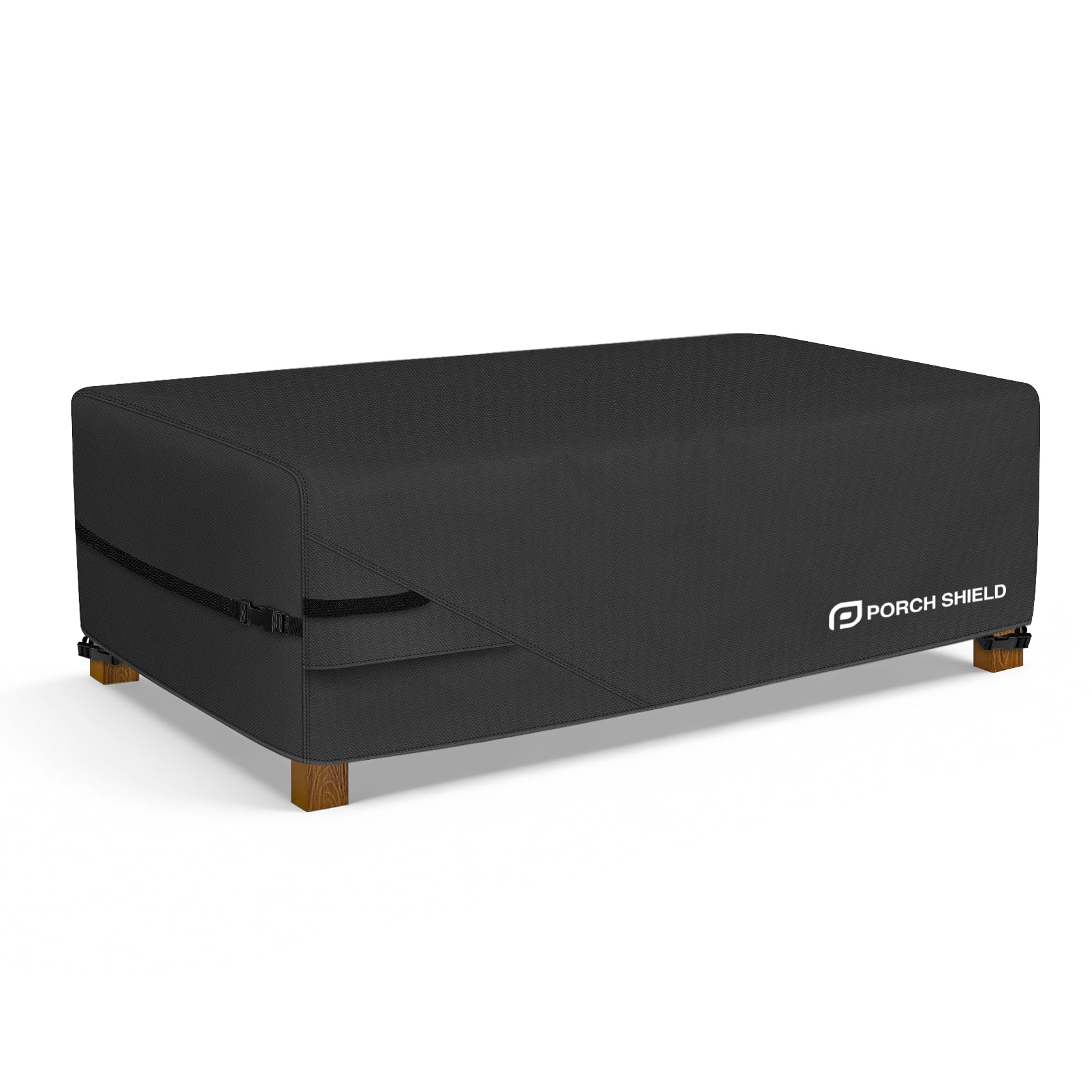 Porch Shield front view of black cover protecting patio coffee table, durable protection