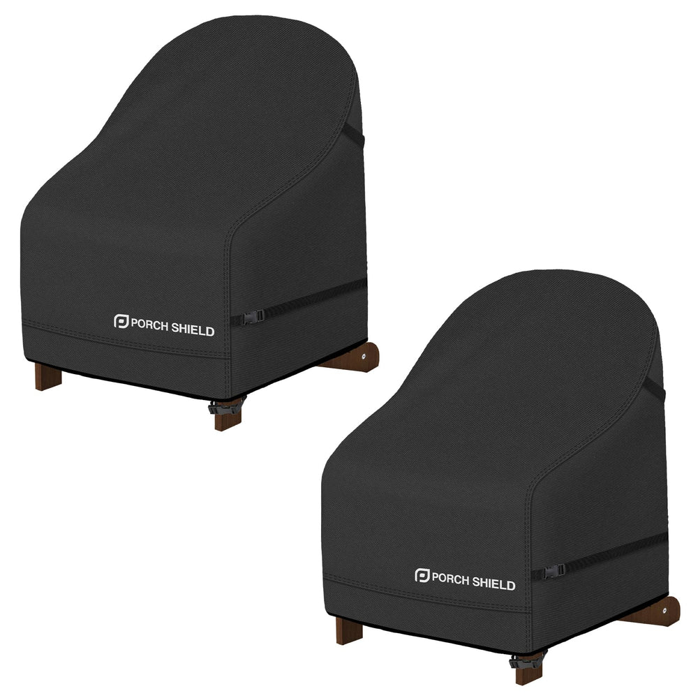 Porch Shield front view showing two black covers protecting chairs, adds outdoor durability