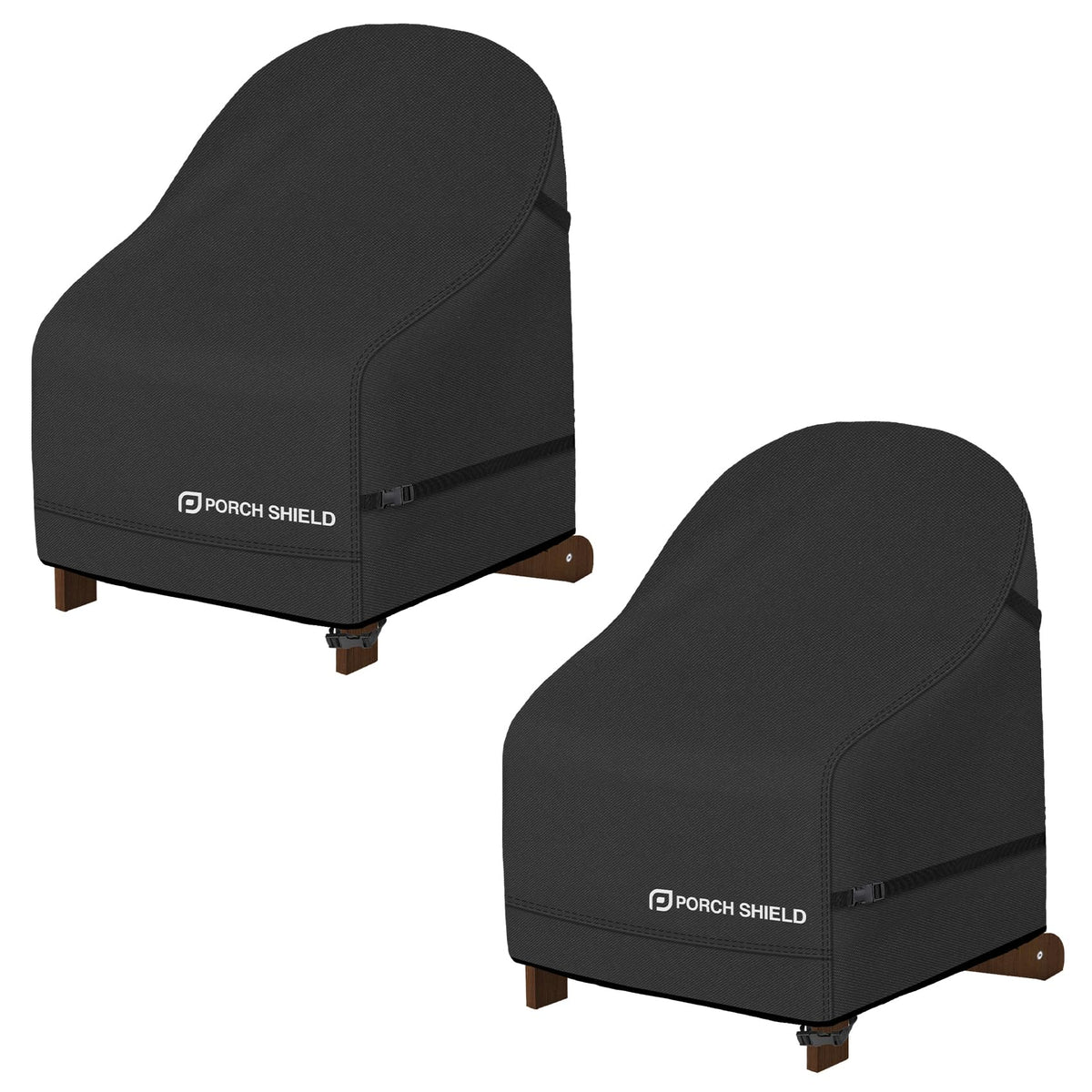 Porch Shield front view showing two black covers protecting chairs, adds outdoor durability