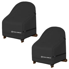 Porch Shield front view showing two black covers protecting chairs, adds outdoor durability