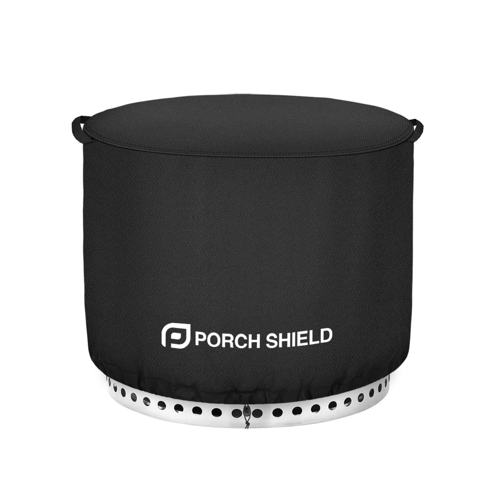 Porch Shield front view showing round cover protecting fire pit