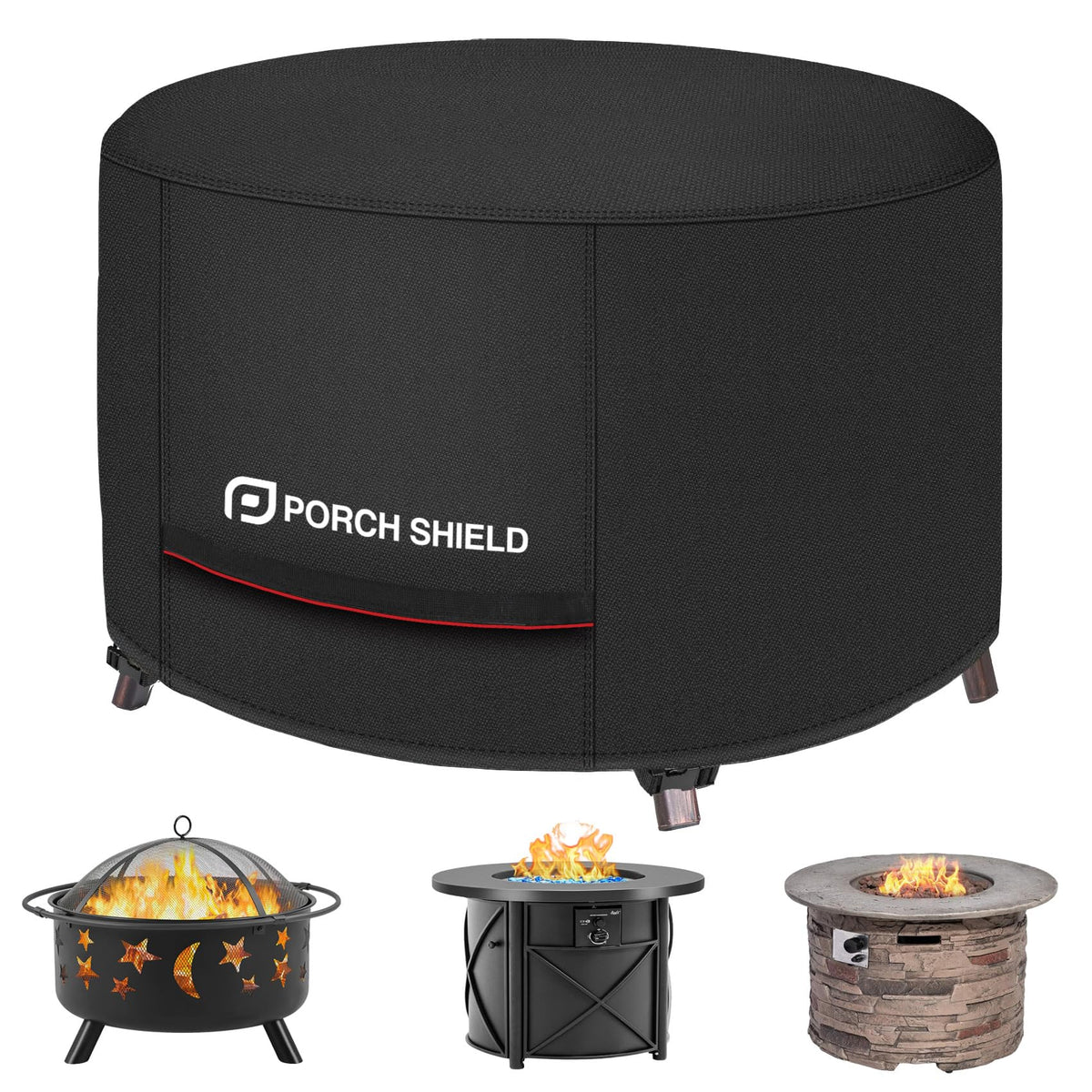 Porch Shield front view on 36-inch fire pit protecting from weather