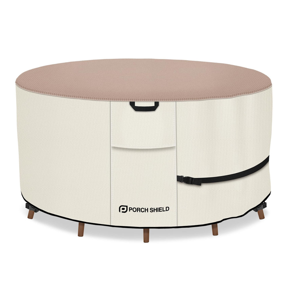 Porch Shield front view on 84-inch round table showing full coverage benefit