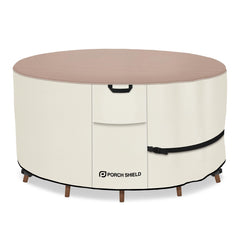 Porch Shield front view on 84-inch round table showing full coverage benefit