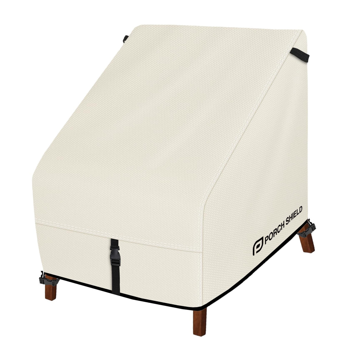 Porch Shield front view beige cover protecting a lounge chair, shows full protection