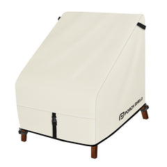 Porch Shield front view beige cover protecting a lounge chair, shows full protection