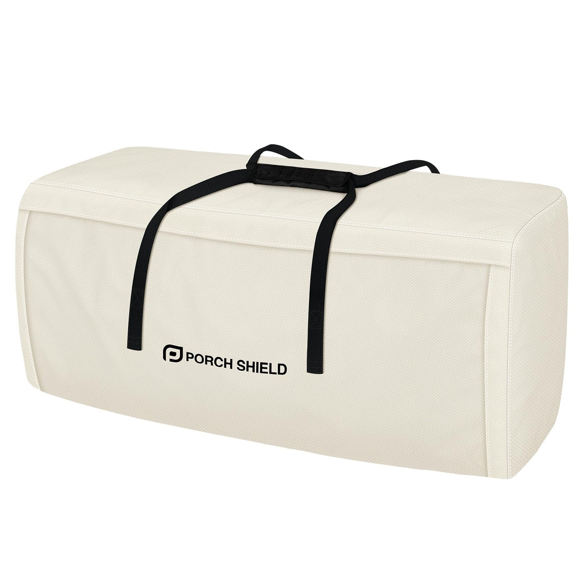 Porch Shield front view of beige cushion bag showing neat storage benefit