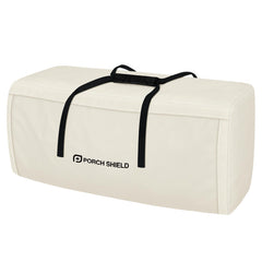 Porch Shield front view of beige cushion bag showing neat storage benefit
