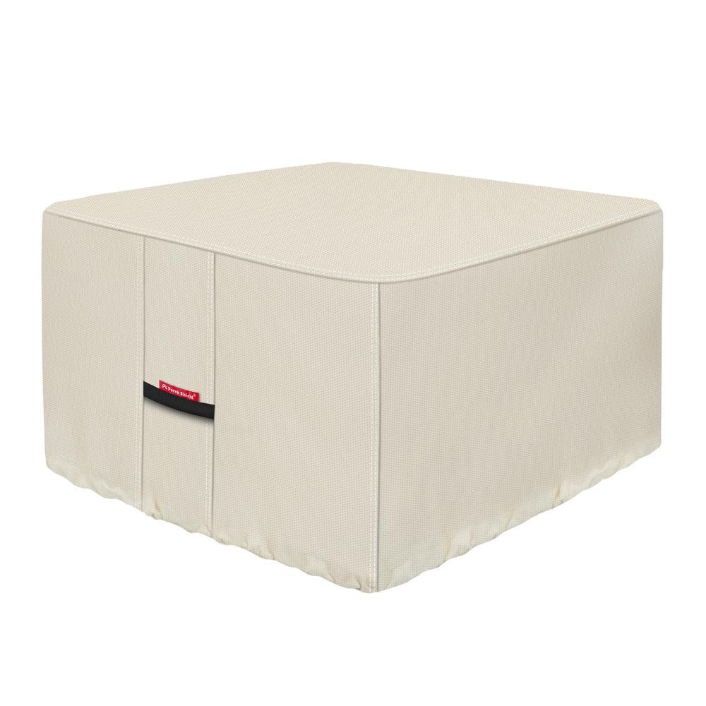 Porch Shield front view beige cover protecting square fire table, secure protection