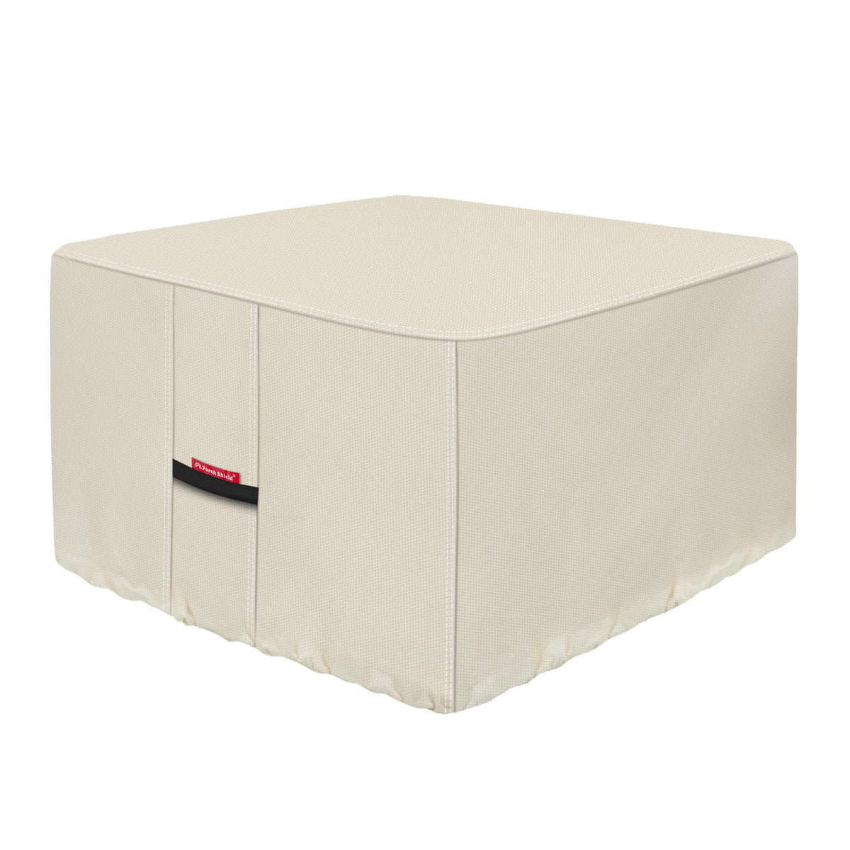 Porch Shield front view beige cover protecting square fire table, secure protection