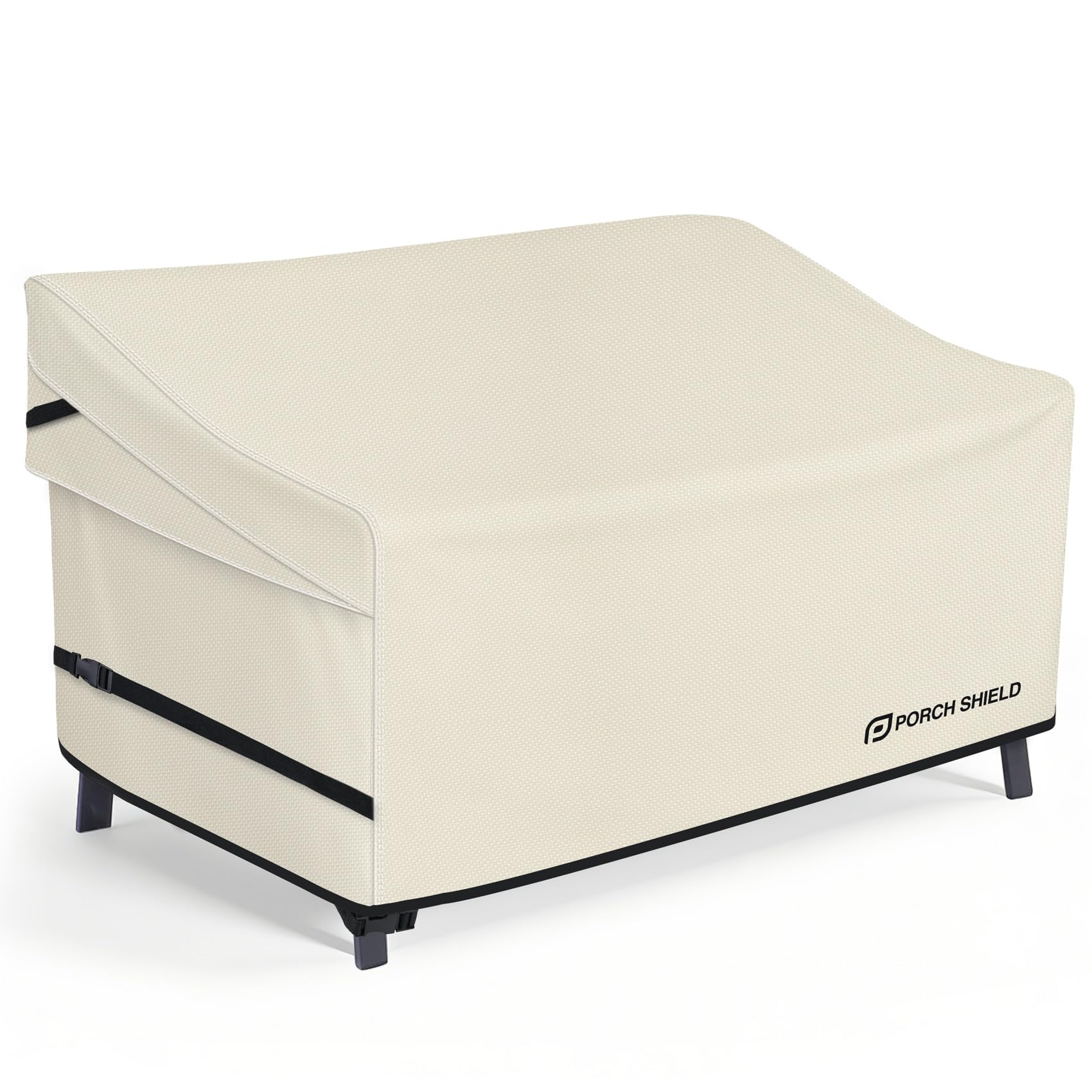 Porch Shield front view showing full beige loveseat coverage and weather protection